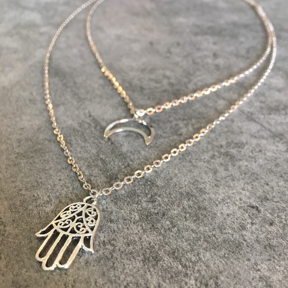 Hamsa Crescent Moon Double Layer Silver Necklace - Picture 3 of 7